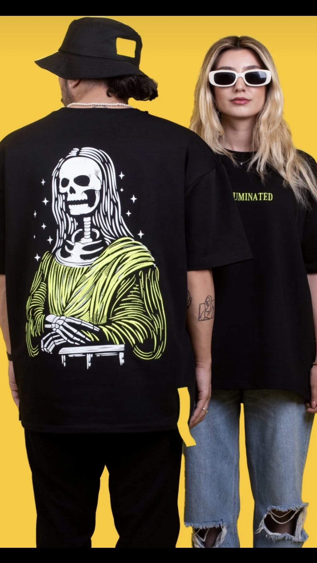 ILLUMINATEDDD Monalisa Oversize Baskı ve Neon Nakışlı Tişört-Siyah